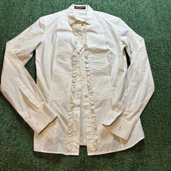 Dolce & Gabbana Womens Ruffled Cotton Long Sleeve Button Up Dress Shirt SZ 40 /S - Picture 1 of 9